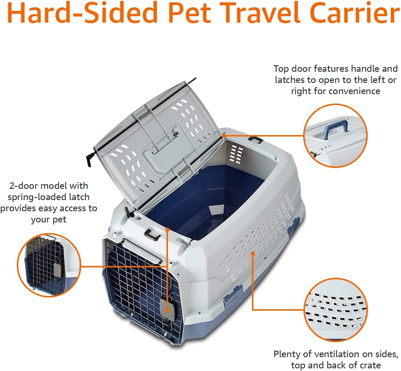 2-Door Top-Load Hard-Sided Pet Travel Carrier for Dogs & Cats β Durable Plastic Carrier (22.8β Γ 15.0β Γ 13.0β, Gray & Blue)