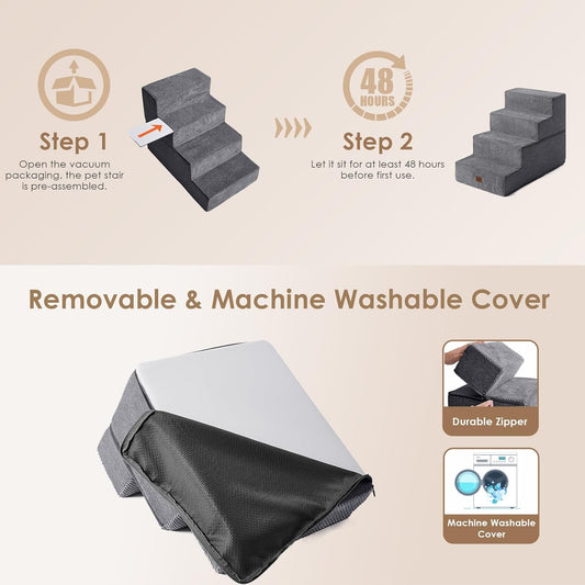 Dog Stairs for Bed – 18” Height 4-Step Pet Stairs for Small Dogs & Cats, Non-Slip Indoor Pet Steps (Grey)