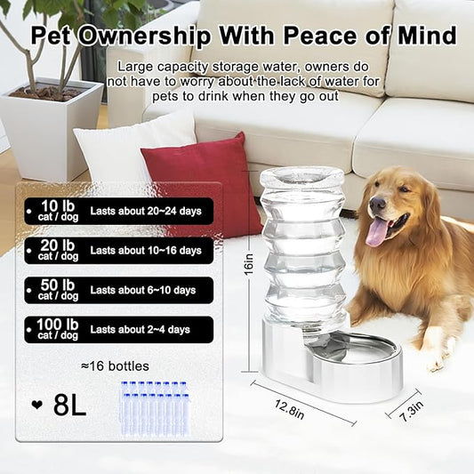 8L Large Gravity Dog Water Dispenser – Automatic Stainless Steel Pet Water Feeder with Triple Filter for Senior Pets