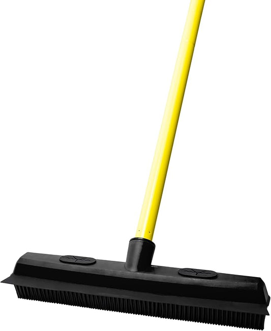 Pet Hair Rubber Broom with Carpet Rake & Squeegee – Multi-Surface Sweeper for Tile, Carpet & Hardwood