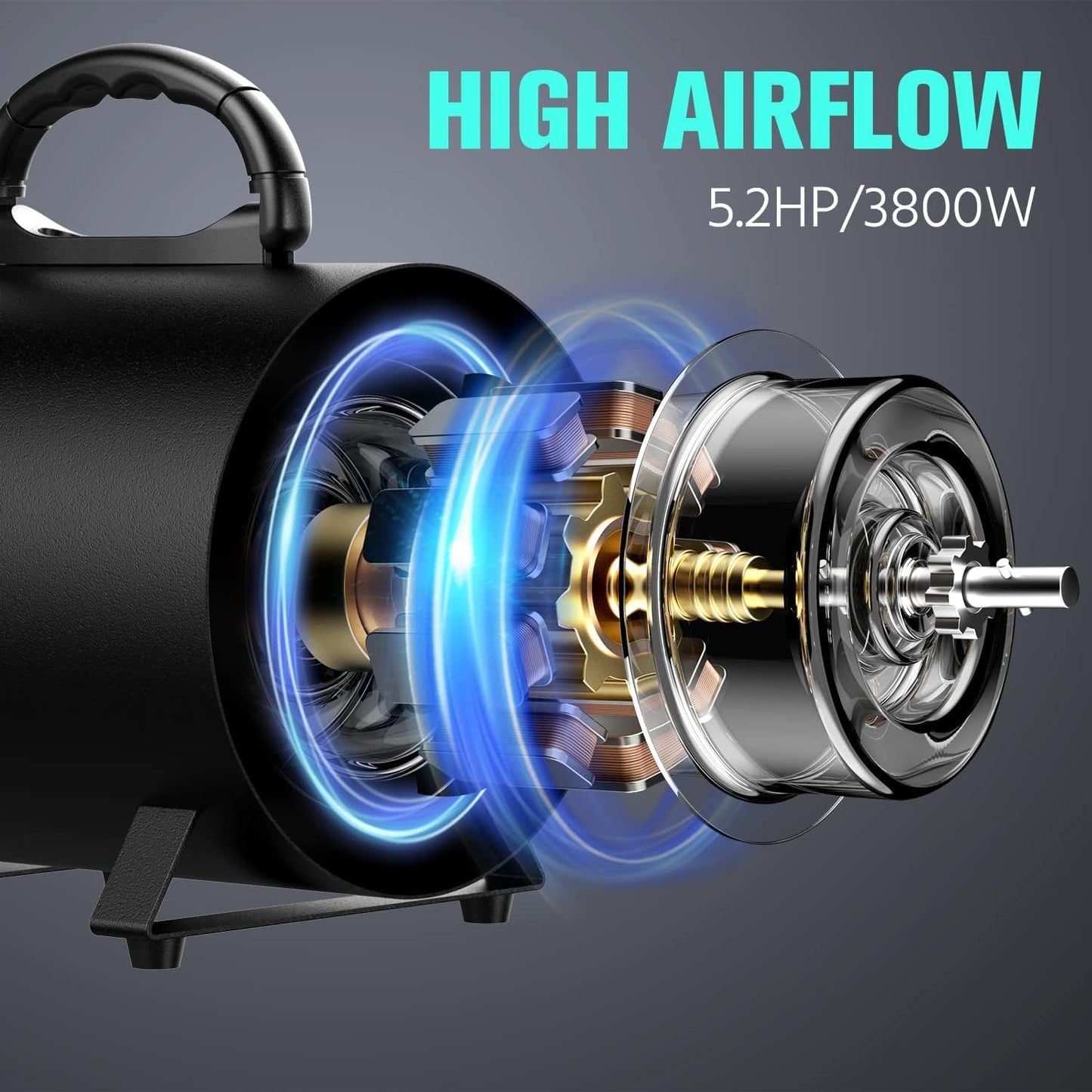 Professional Pet Dryer 5.2HP / 3800W – High-Velocity Dog Grooming Blow Dryer with Adjustable Speed & Temperature, 3 Nozzles