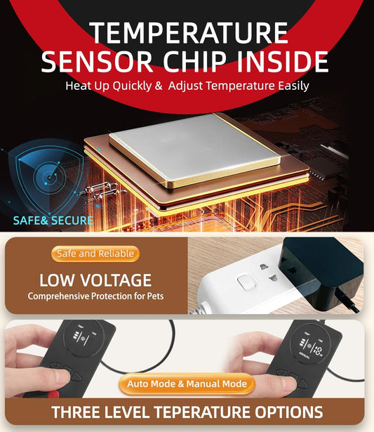 Pressure-Activated Dog & Cat Heating Pad (18” × 22”) – Automatic Electric Pet Warming Mat with Adjustable Temperature