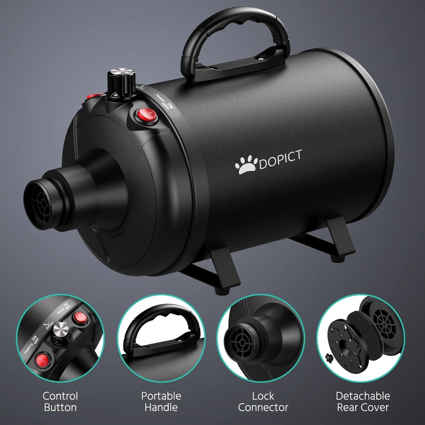 Professional Pet Dryer 5.2HP / 3800W – High-Velocity Dog Grooming Blow Dryer with Adjustable Speed & Temperature, 3 Nozzles