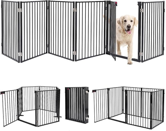 Metal Freestanding Dog Gate with Door – Extra Wide 24” Foldable Pet Fence, 32” Height for Indoor & Outdoor Use