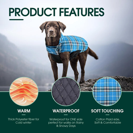 Warm Waterproof Dog Coat – Reversible XXL Winter Jacket for Extra Large Dogs, Adjustable & Durable Cold Weather Apparel (Blue)