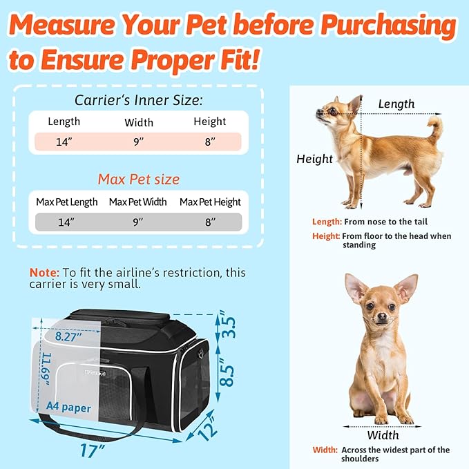 Top-Expandable Airline Approved Pet Carrier (17×12×8.5”) – Soft-Sided Travel Carrier for Small Cats & Dogs with Safety Zippers (Black)