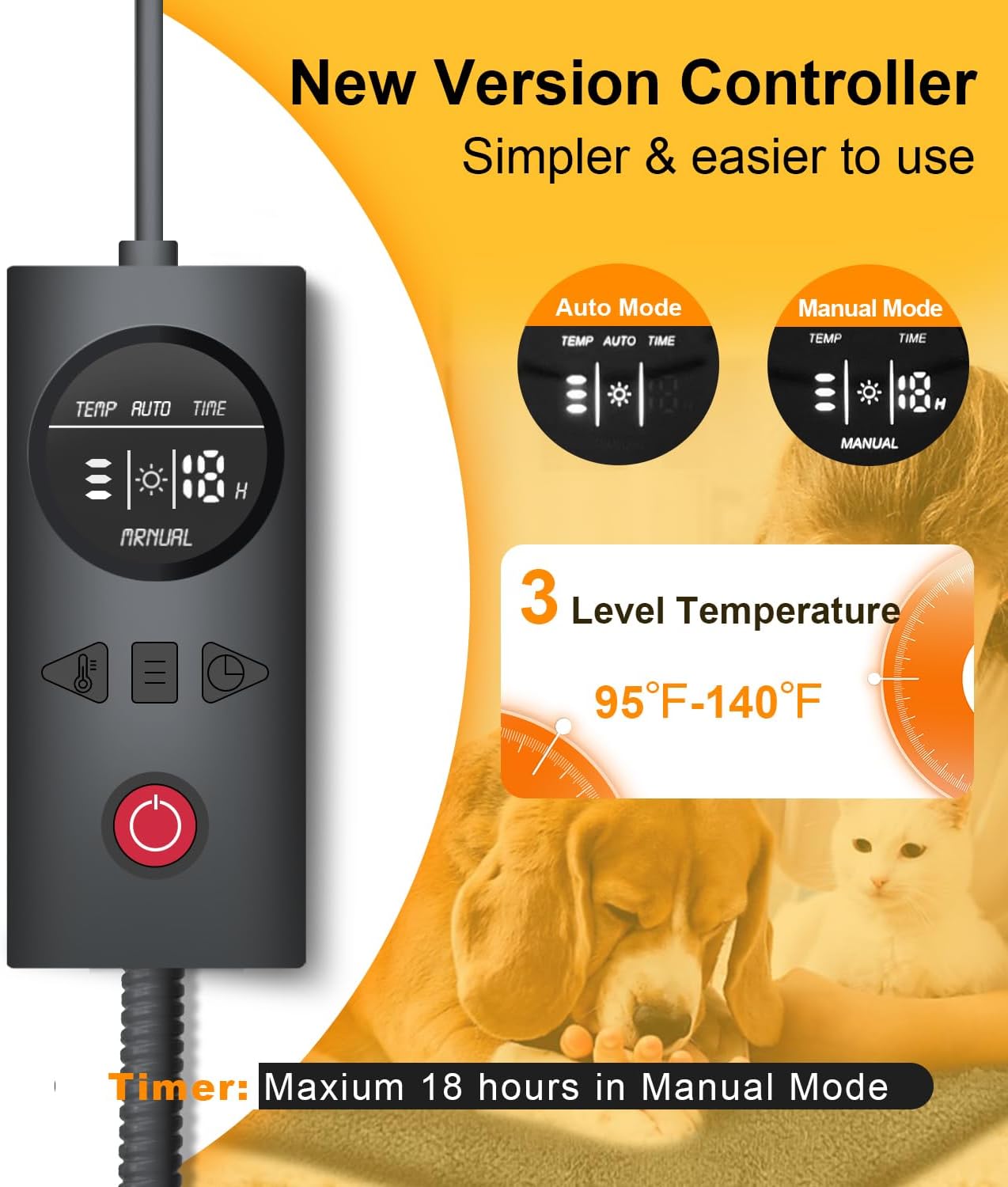 Pressure-Activated Dog & Cat Heating Pad (18” × 22”) – Automatic Electric Pet Warming Mat with Adjustable Temperature