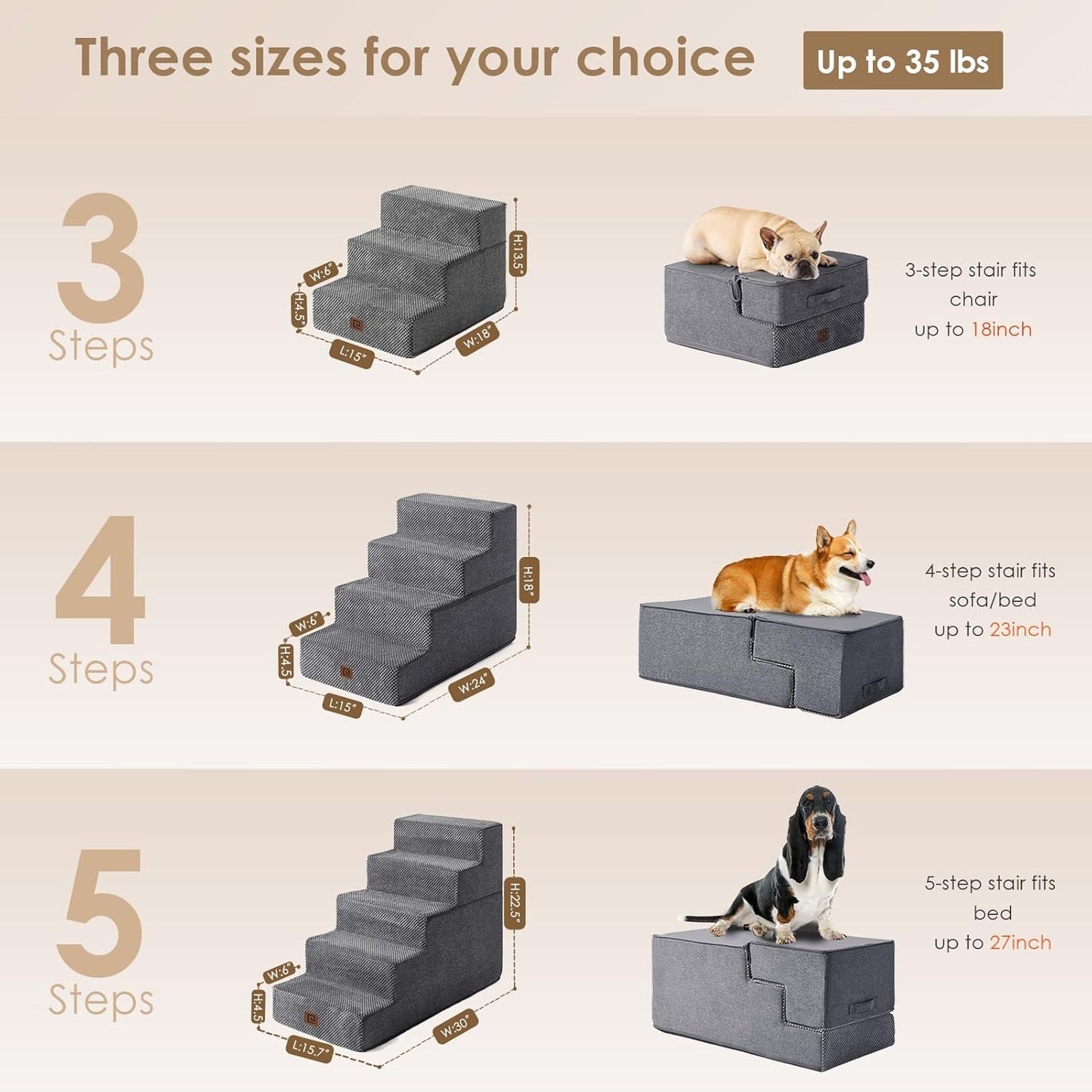 Dog Stairs for Bed – 18” Height 4-Step Pet Stairs for Small Dogs & Cats, Non-Slip Indoor Pet Steps (Grey)