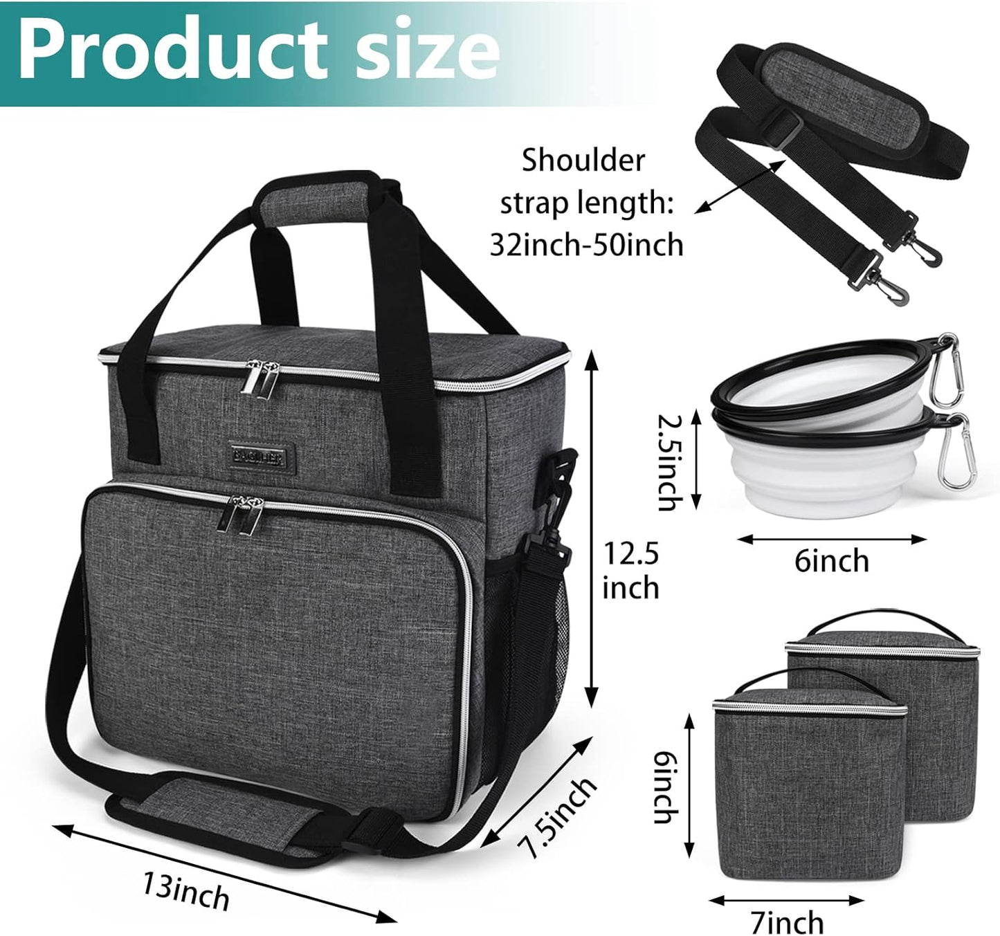 Dog Travel Bag – All-in-One Pet Travel Organizer with 2 Food Containers & 2 Collapsible Bowls (Grey)