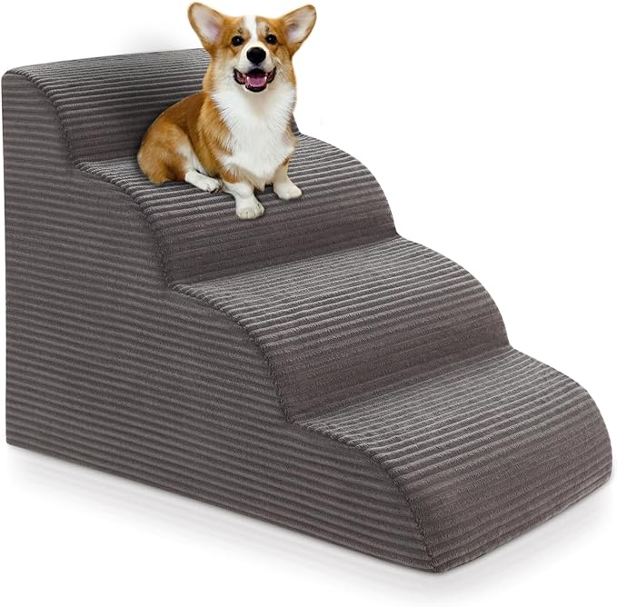 Curved Dog Stairs Ramp for High Beds – 19.7” Height 4-Step Non-Slip Pet Stairs for Small Dogs & Cats, Washable Cover (Deep Grey)