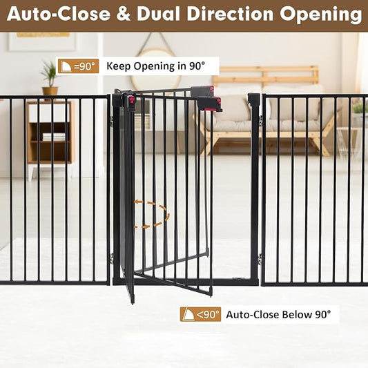 Metal Freestanding Dog Gate with Door – Extra Wide 24” Foldable Pet Fence, 32” Height for Indoor & Outdoor Use