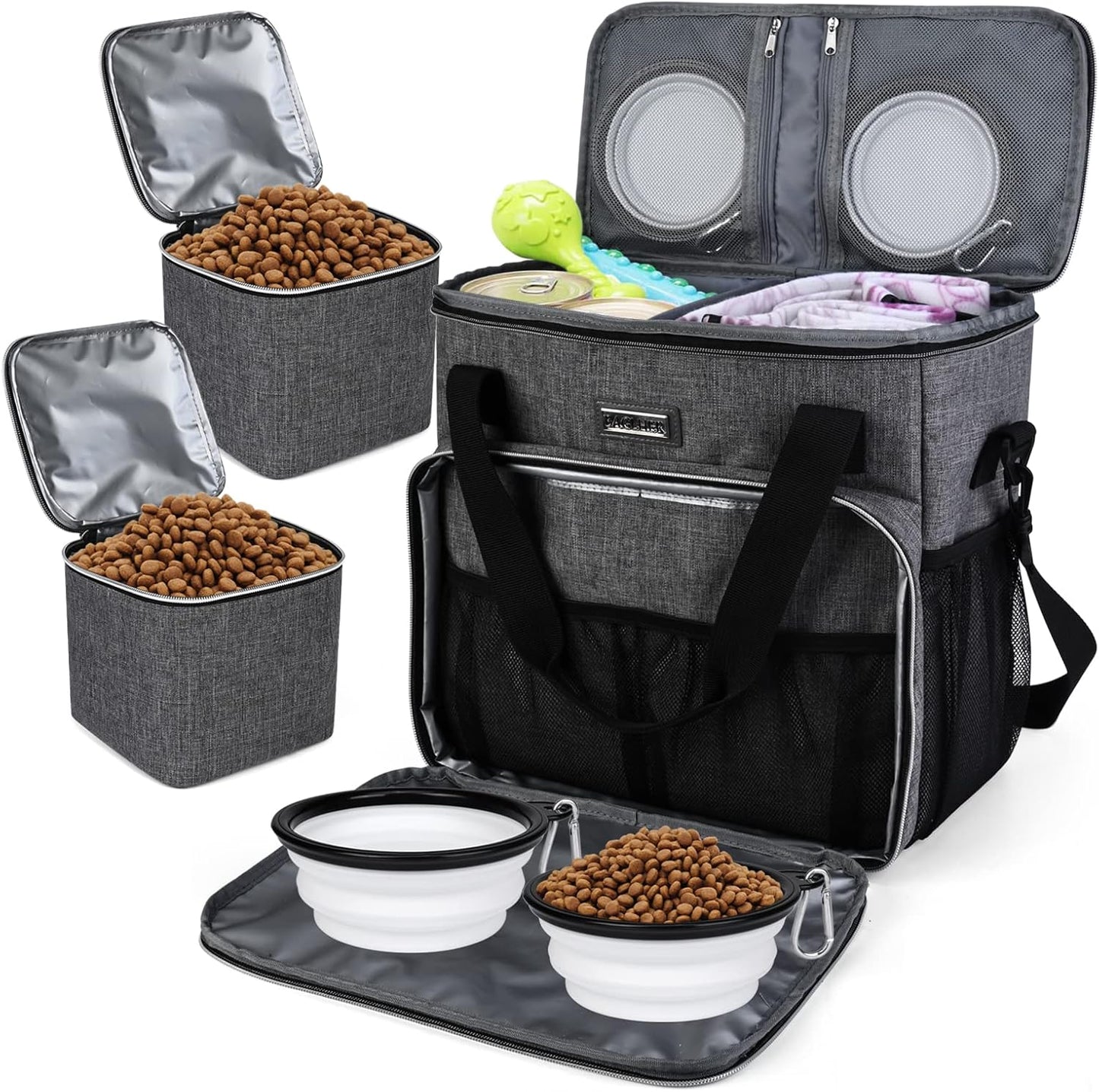 Dog Travel Bag – All-in-One Pet Travel Organizer with 2 Food Containers & 2 Collapsible Bowls (Grey)
