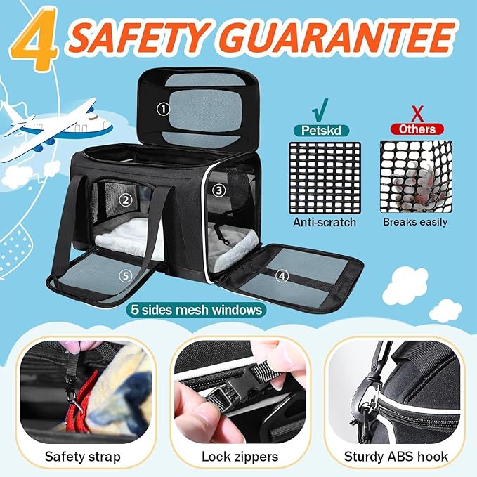 Top-Expandable Airline Approved Pet Carrier (17×12×8.5”) – Soft-Sided Travel Carrier for Small Cats & Dogs with Safety Zippers (Black)
