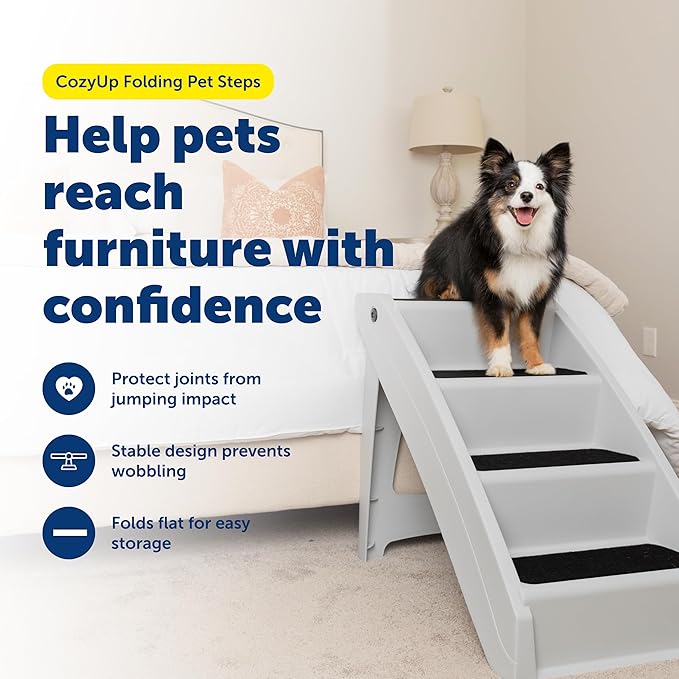PetSafe CozyUp Folding Dog Stairs – Portable Pet Steps for Bed, Couch & Car (20 Inch, Grey)