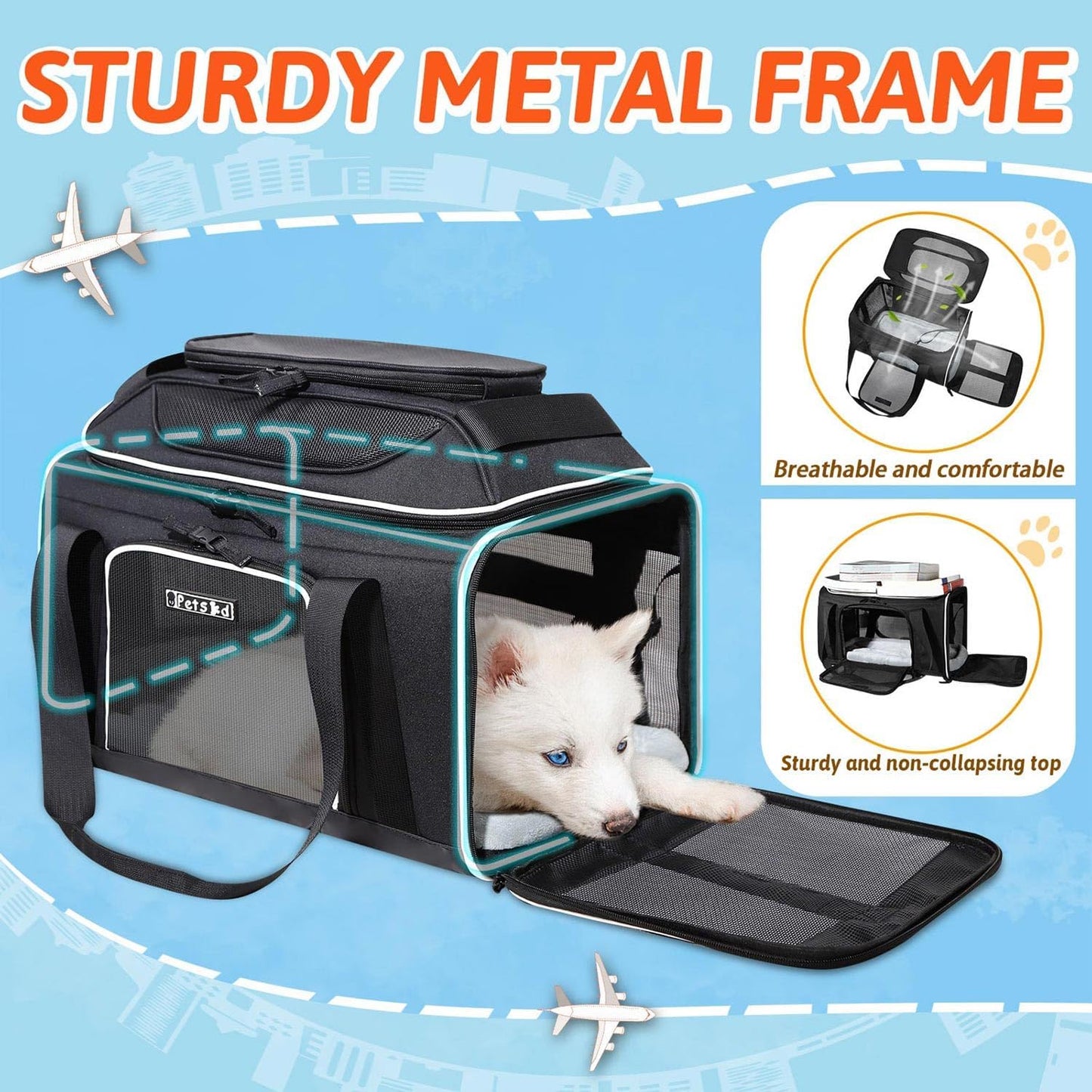 Top-Expandable Airline Approved Pet Carrier (17×12×8.5”) – Soft-Sided Travel Carrier for Small Cats & Dogs with Safety Zippers (Black)
