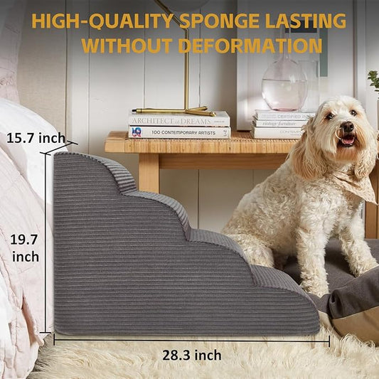 Curved Dog Stairs Ramp for High Beds – 19.7” Height 4-Step Non-Slip Pet Stairs for Small Dogs & Cats, Washable Cover (Deep Grey)