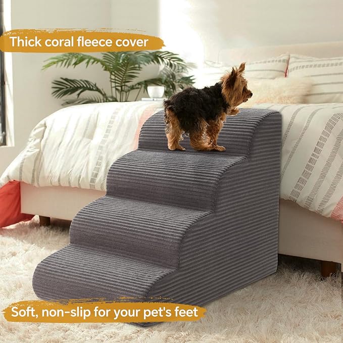 Curved Dog Stairs Ramp for High Beds – 19.7” Height 4-Step Non-Slip Pet Stairs for Small Dogs & Cats, Washable Cover (Deep Grey)