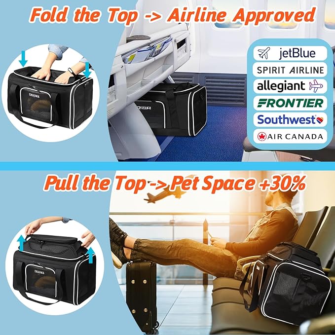 Top-Expandable Airline Approved Pet Carrier (17×12×8.5”) – Soft-Sided Travel Carrier for Small Cats & Dogs with Safety Zippers (Black)