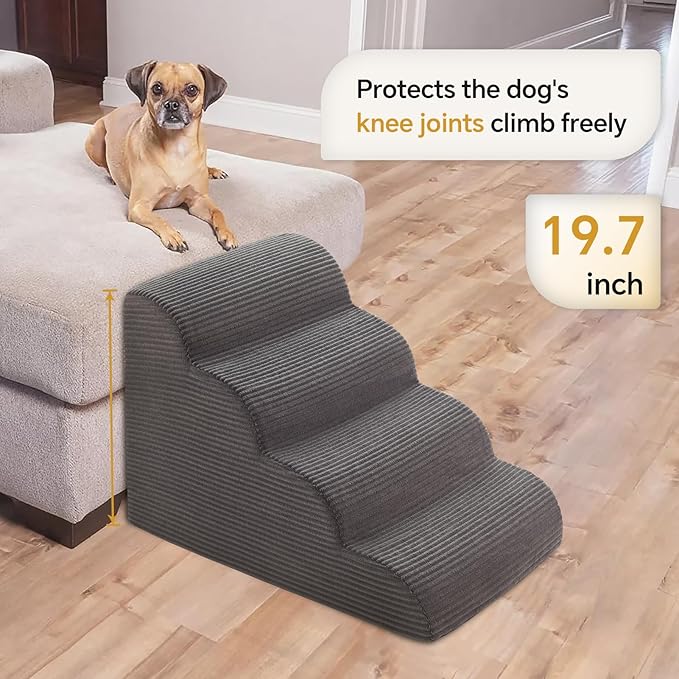Curved Dog Stairs Ramp for High Beds – 19.7” Height 4-Step Non-Slip Pet Stairs for Small Dogs & Cats, Washable Cover (Deep Grey)